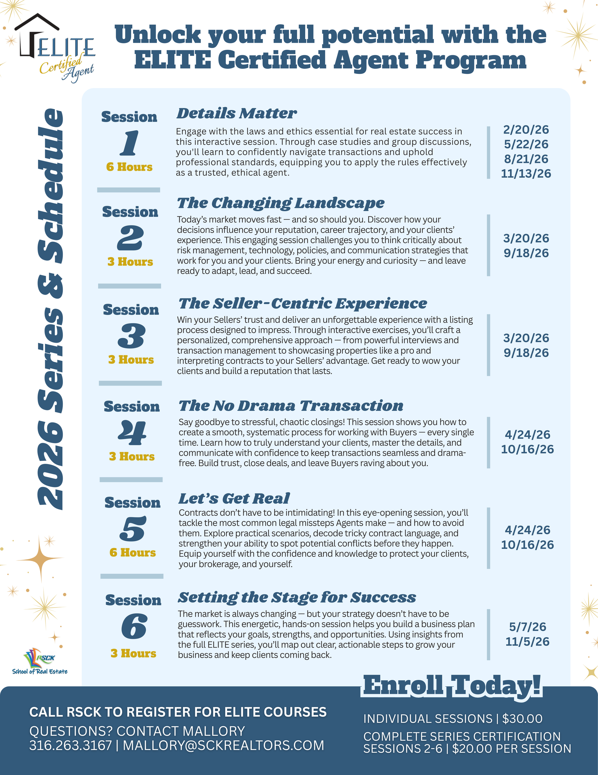Flyer for the 2026 ELITE Certified Agent Program, outlining six training sessions with dates and schedule details.
