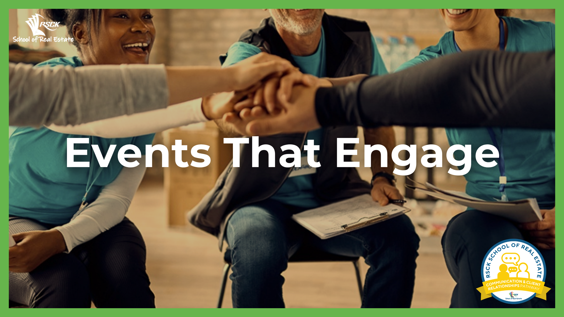 A group of people wearing blue shirts putting their hands together in the center, with the text 