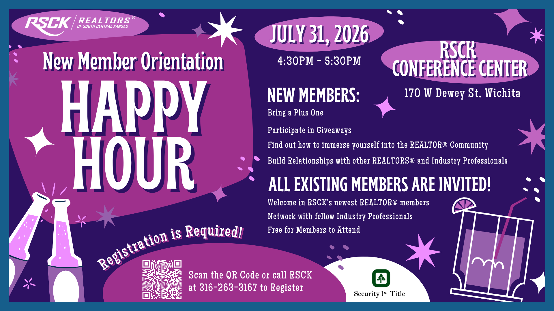 RSCR New Member Orientation Happy Hour on May 28, 2026, at the RSCR Conference Center. Registration is required.