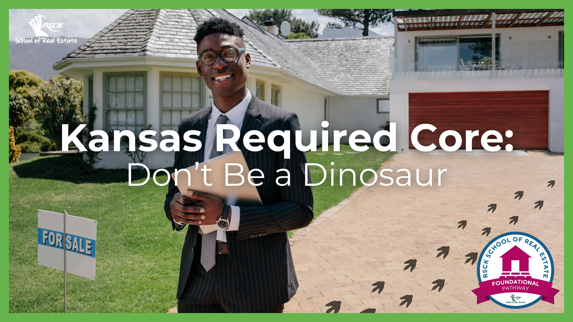 A person in a suit stands in front of a house, with dinosaur tracks on the driveway and the text 