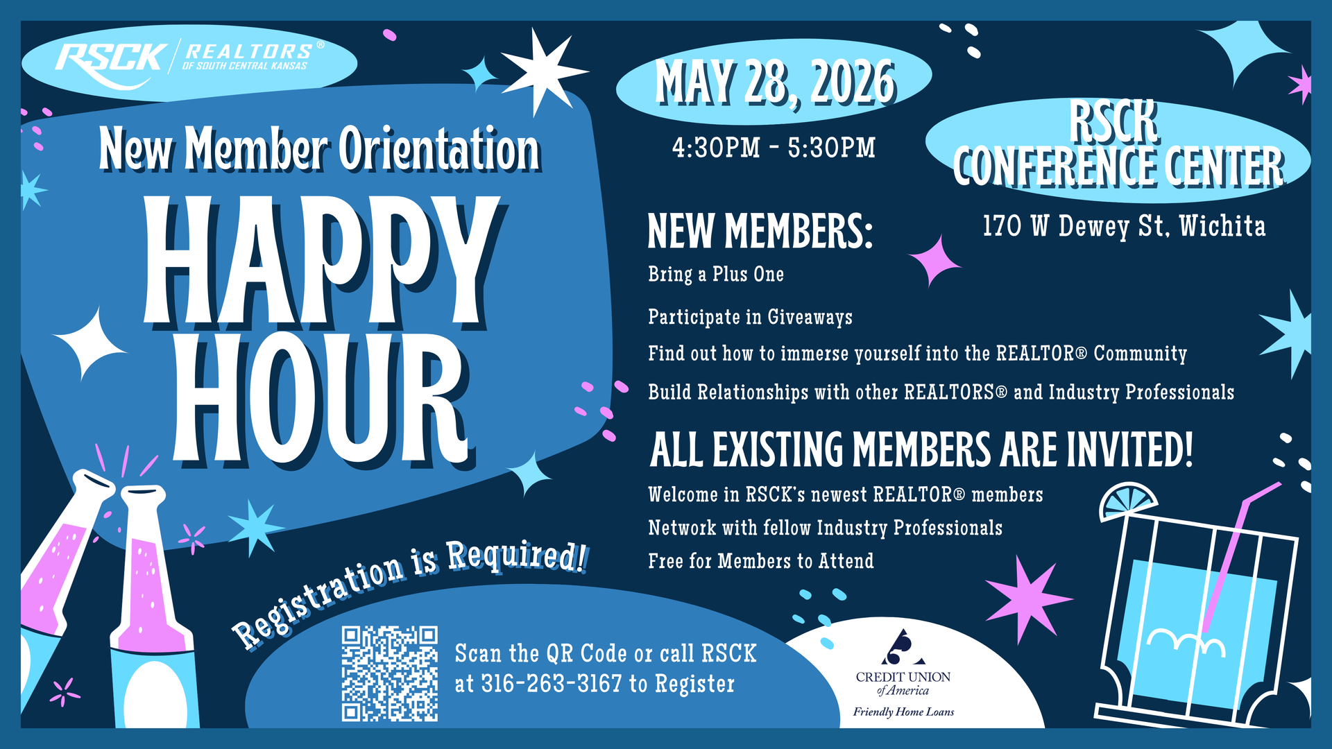 RSCR New Member Orientation Happy Hour on May 28, 2026, at the RSCR Conference Center. Registration is required.