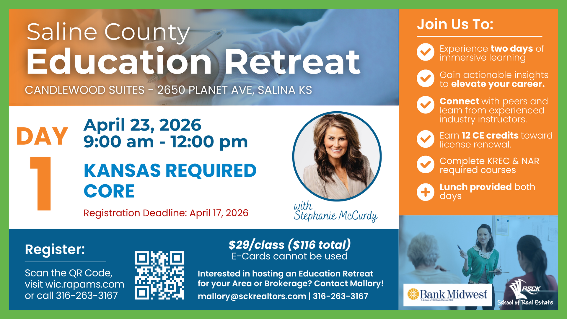 Event flyer for the Saline County Education Retreat on April 23, 2026, featuring course info, registration, and contact.