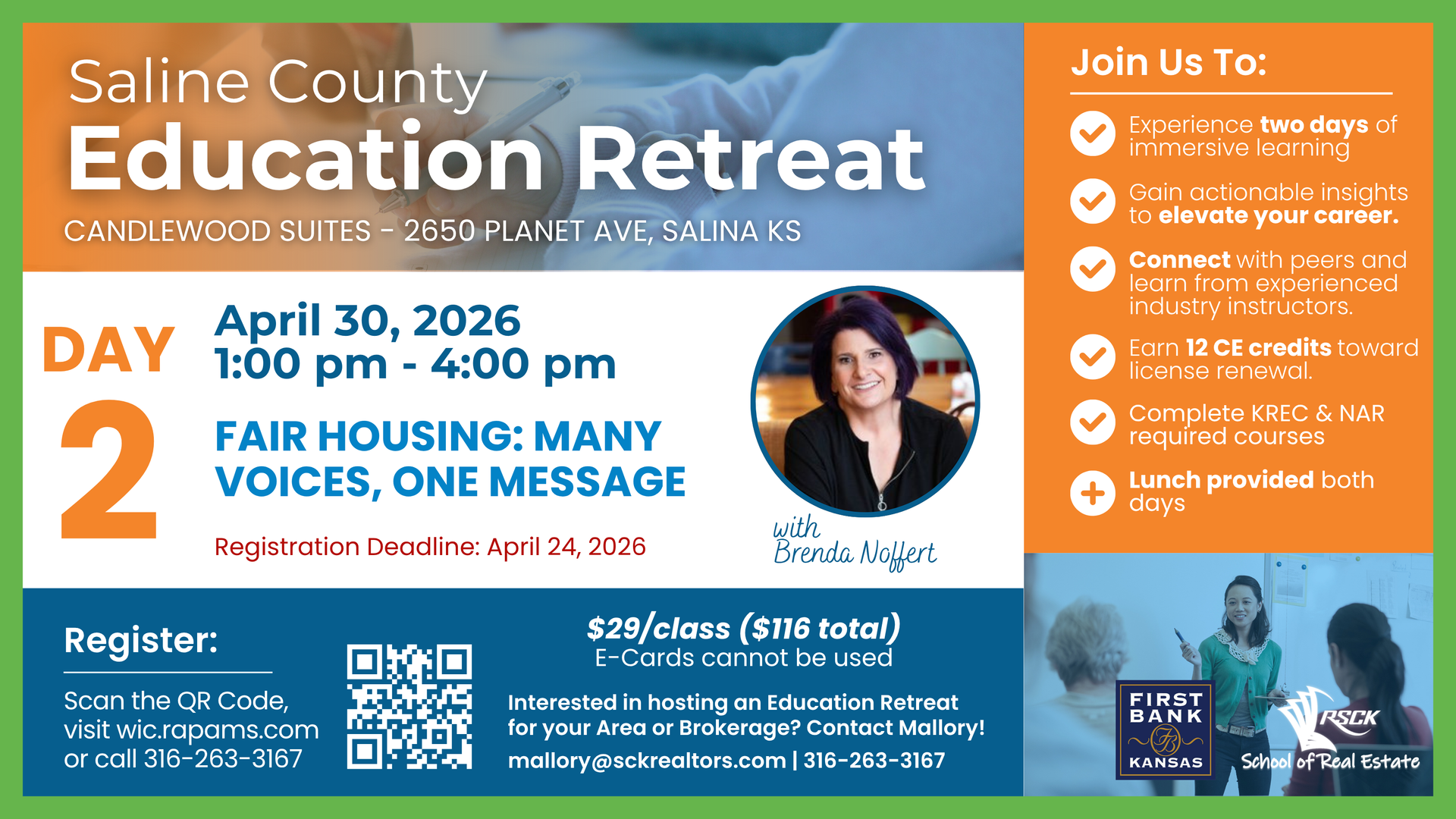 Flyer for Saline County Education Retreat on April 30, 2026, featuring a speaker, schedule, and registration information.