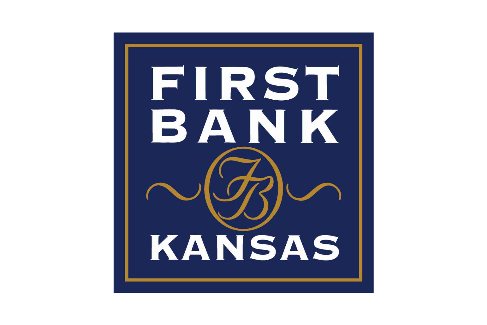 First Bank Kansas logo on a blue square background with gold text and a gold 