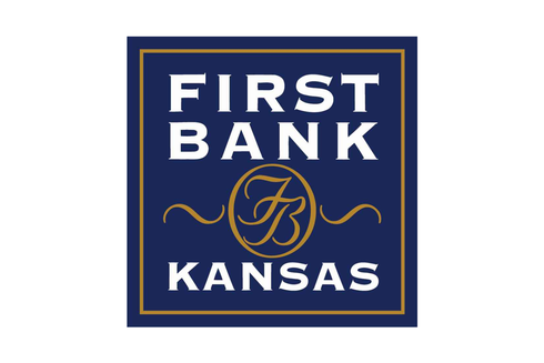 First Bank Kansas logo on a blue square background with gold text and a gold 