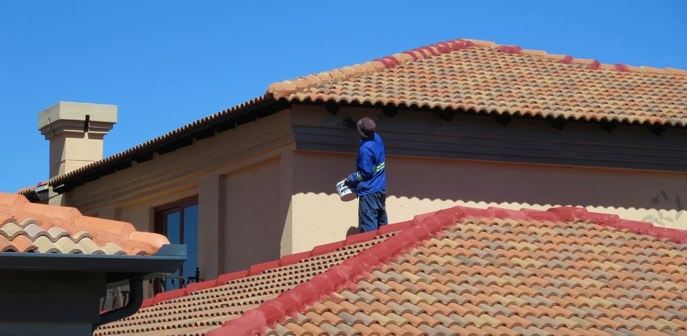 A Man Is Standing On Top Of A Tiled Roof — L & S Wirth Painting in Wellington, NSW