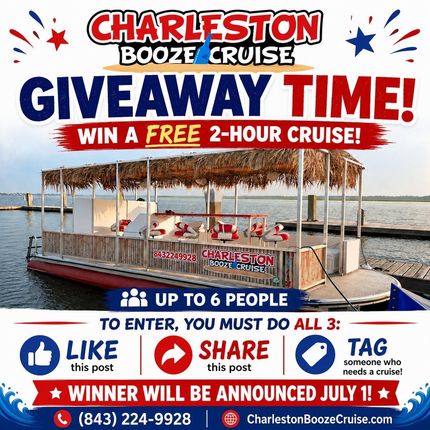 Charleston booze cruise giveaway ad with red, white, and blue banner, boat deck, and social media entry instructions
