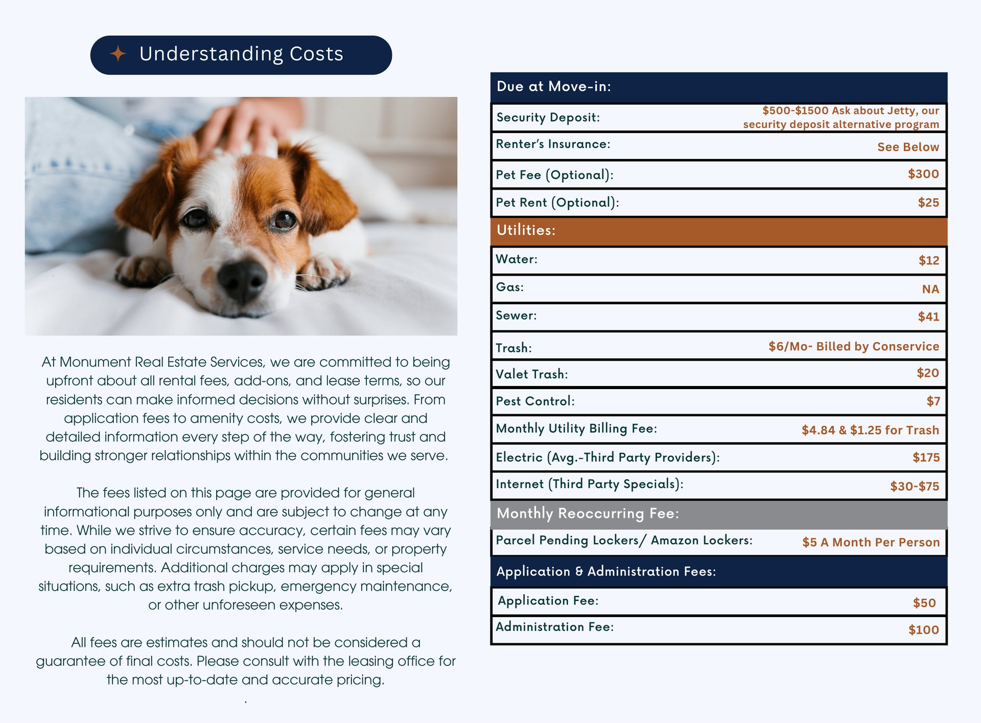 Dog lying down with fee information table.