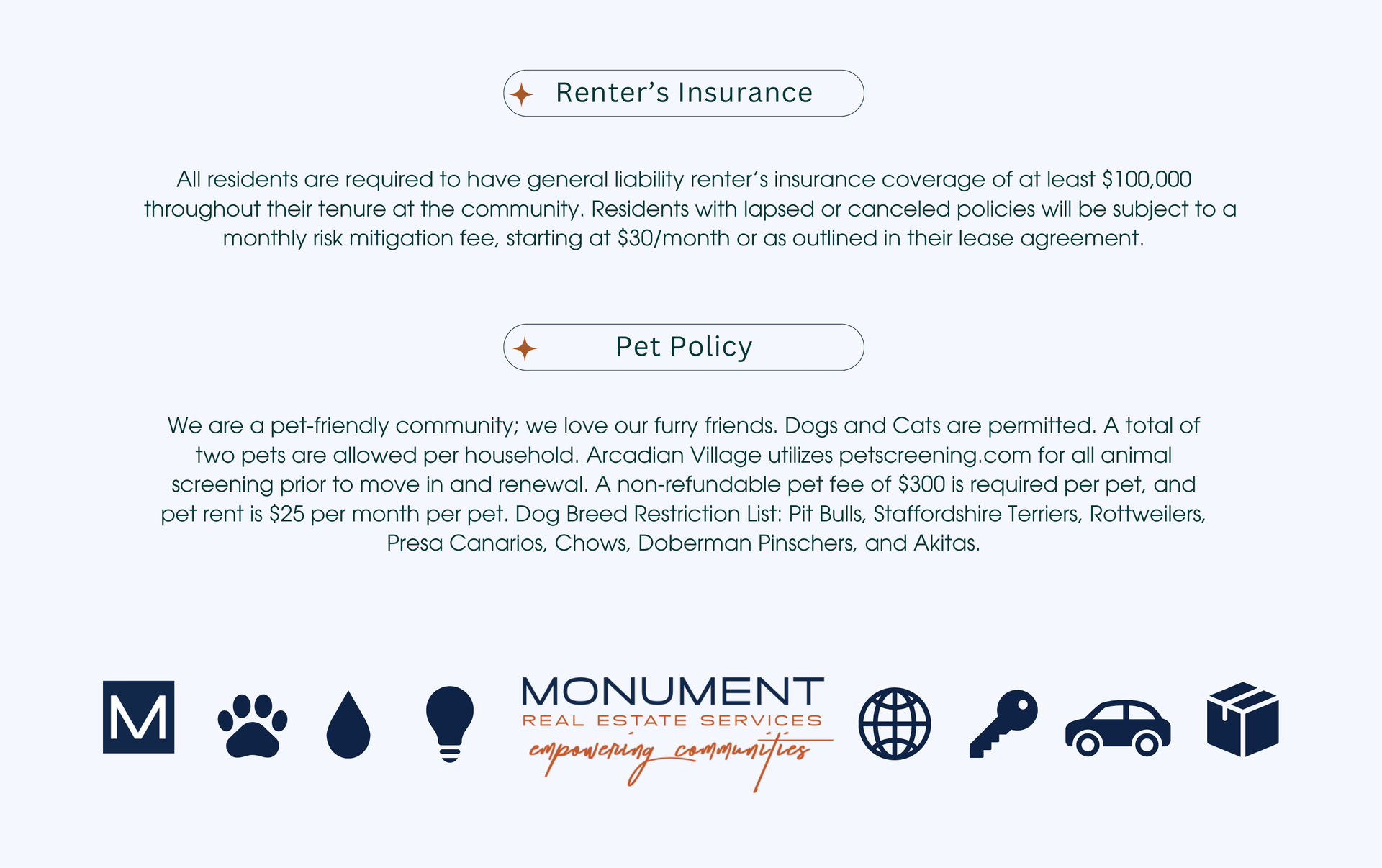 Details on renter's insurance and pet policy from Monument. Includes logo, icons.
