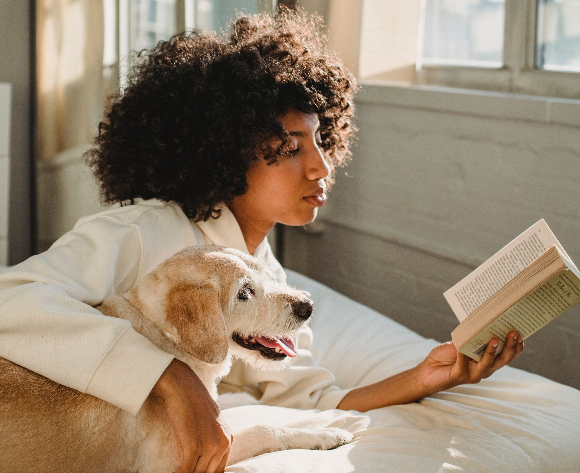 Woman with curly hair reading in bed with a dog; sunlight illuminates the scene.