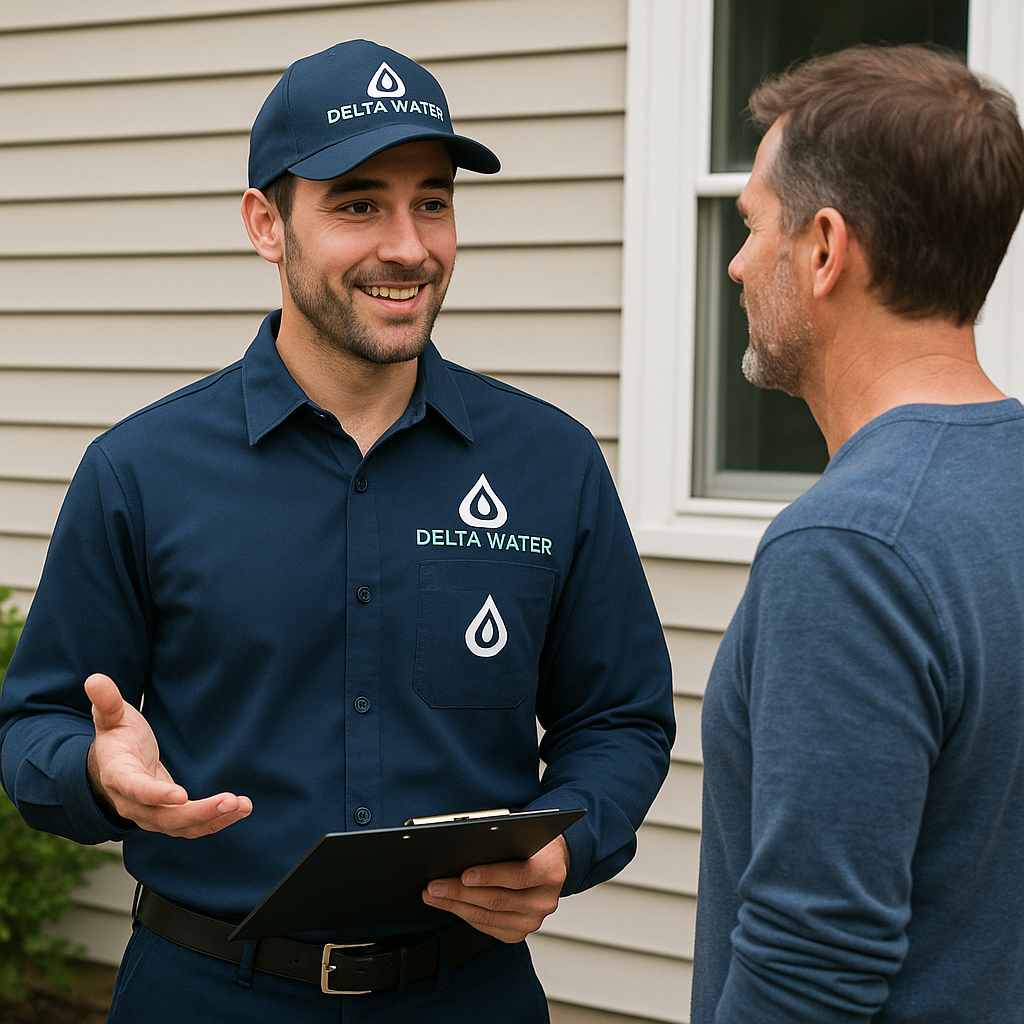 A man in a blue shirt is talking to another man