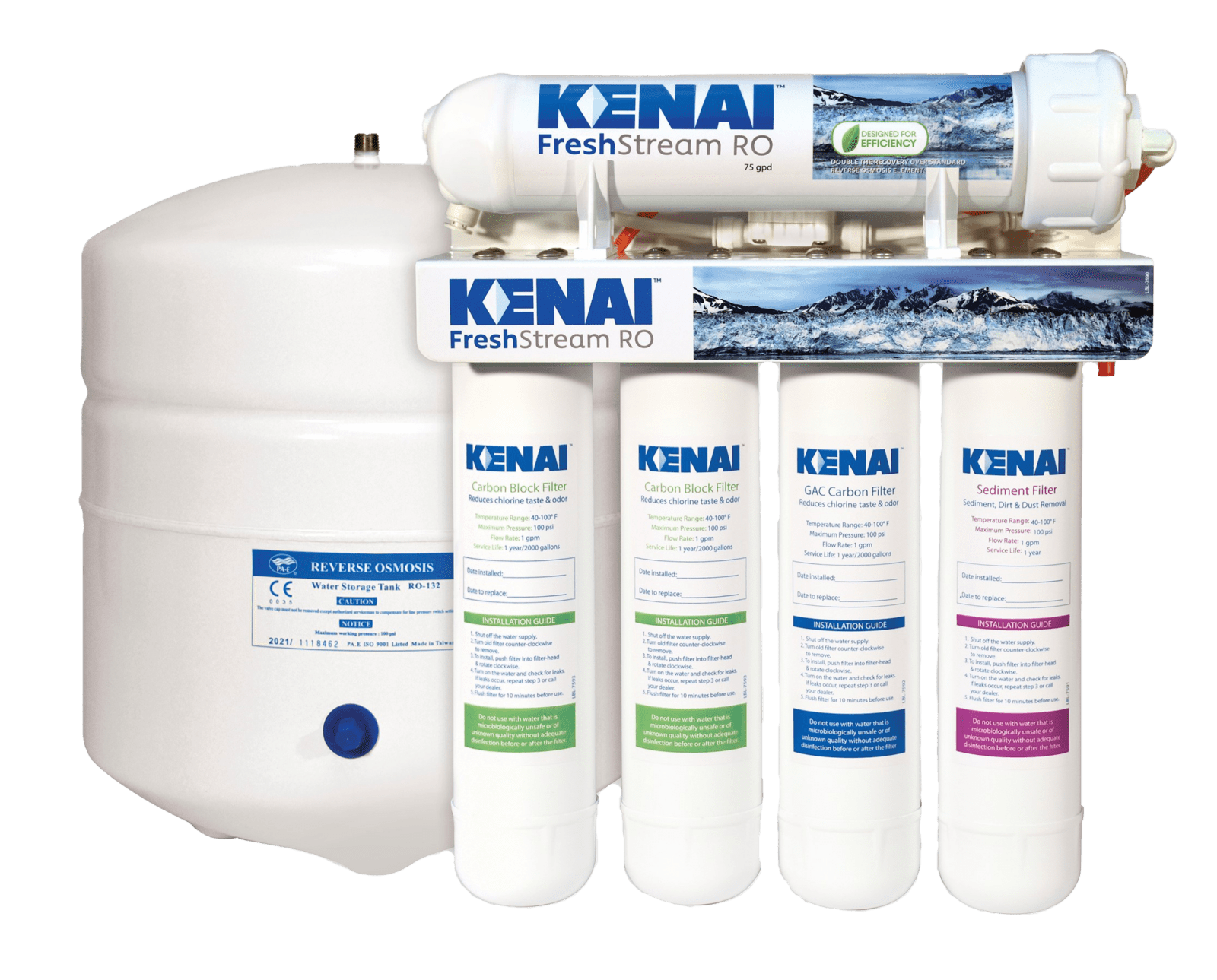 A kenai water filter is sitting on top of a white tank.