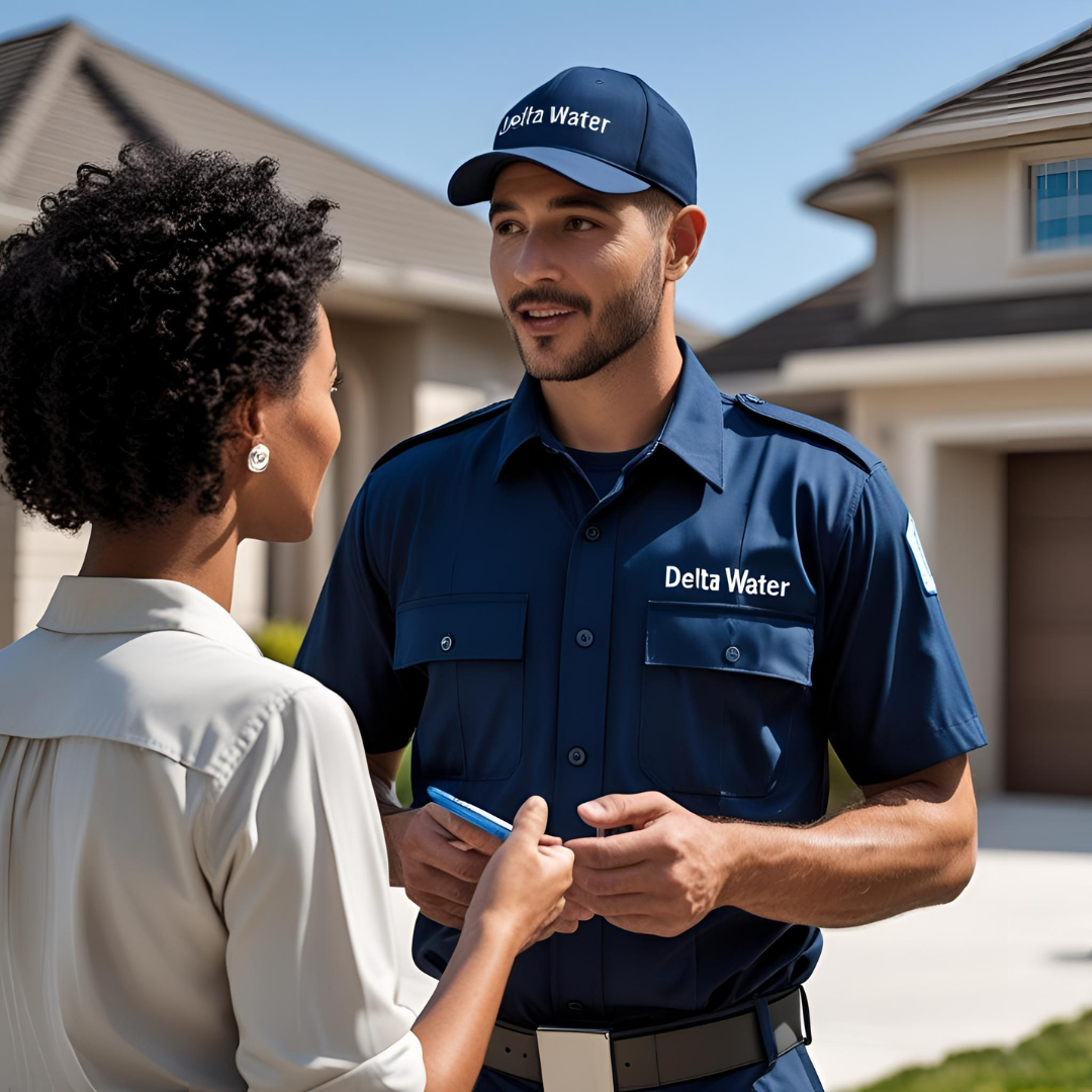 A man in a delta water uniform is talking to a woman