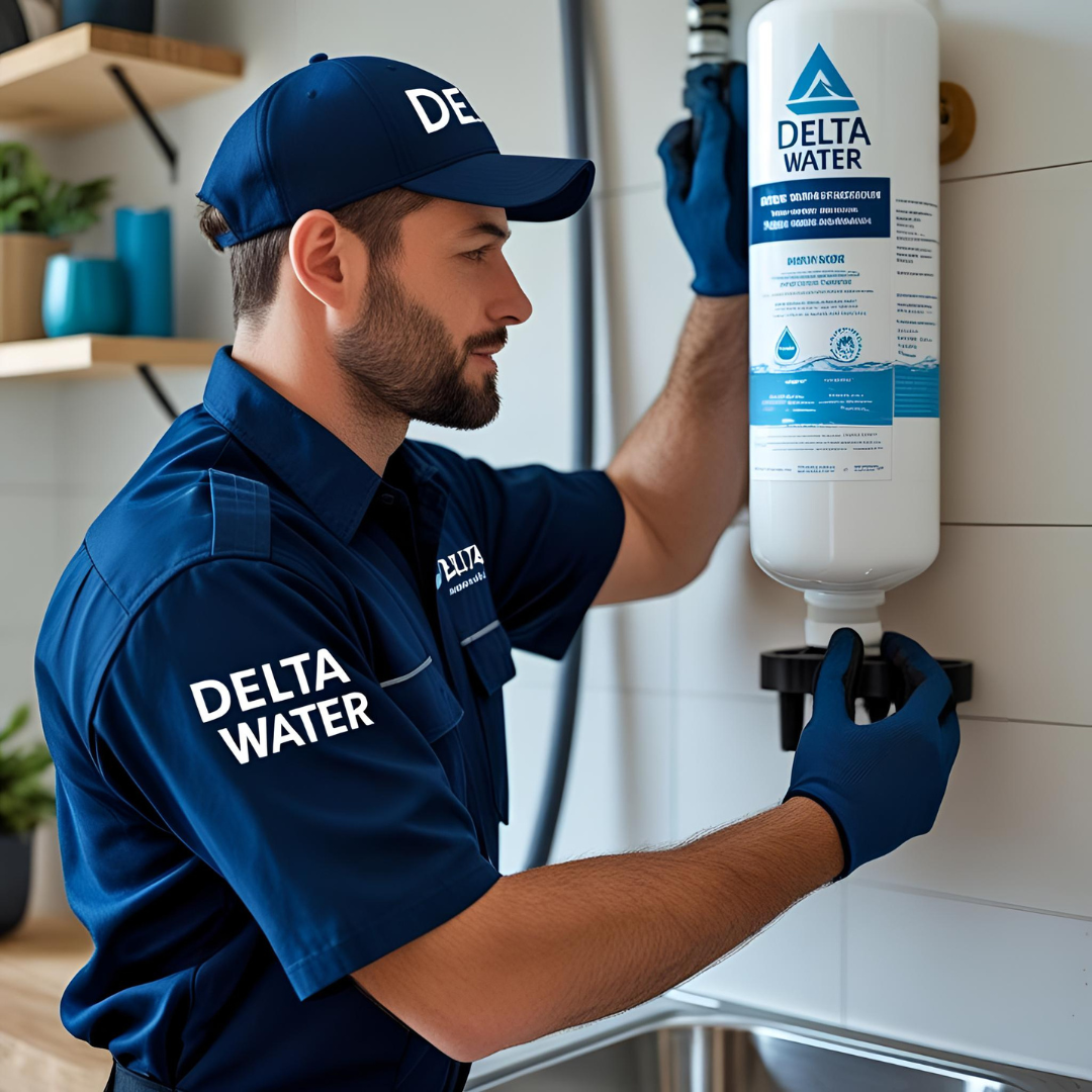A man is working on a delta water dispenser
