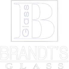 A white logo for brandt 's glass on a white background.