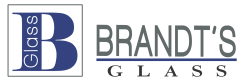 A blue and white logo for brandt 's glass