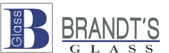 A blue and white logo for brandt 's glass