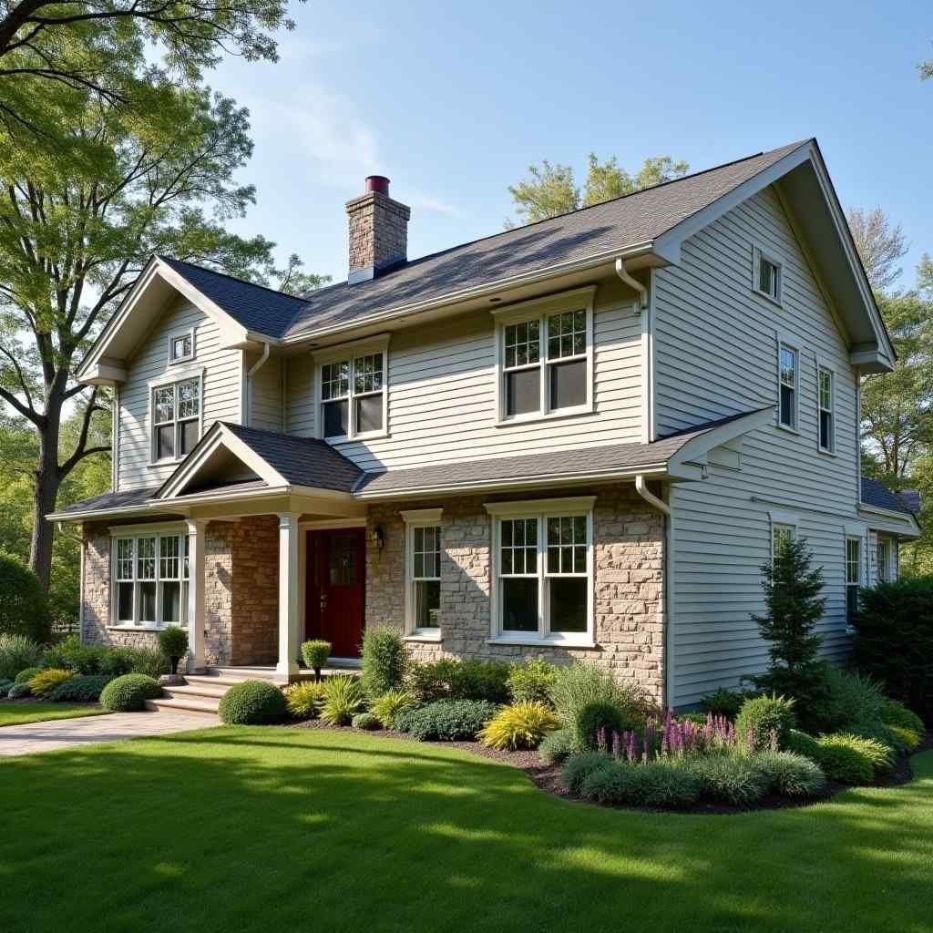 A large house with a lot of windows and a red door