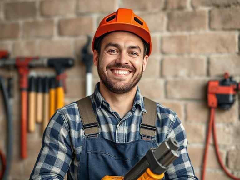 A man wearing a hard hat and overalls is holding a drill and smiling.
