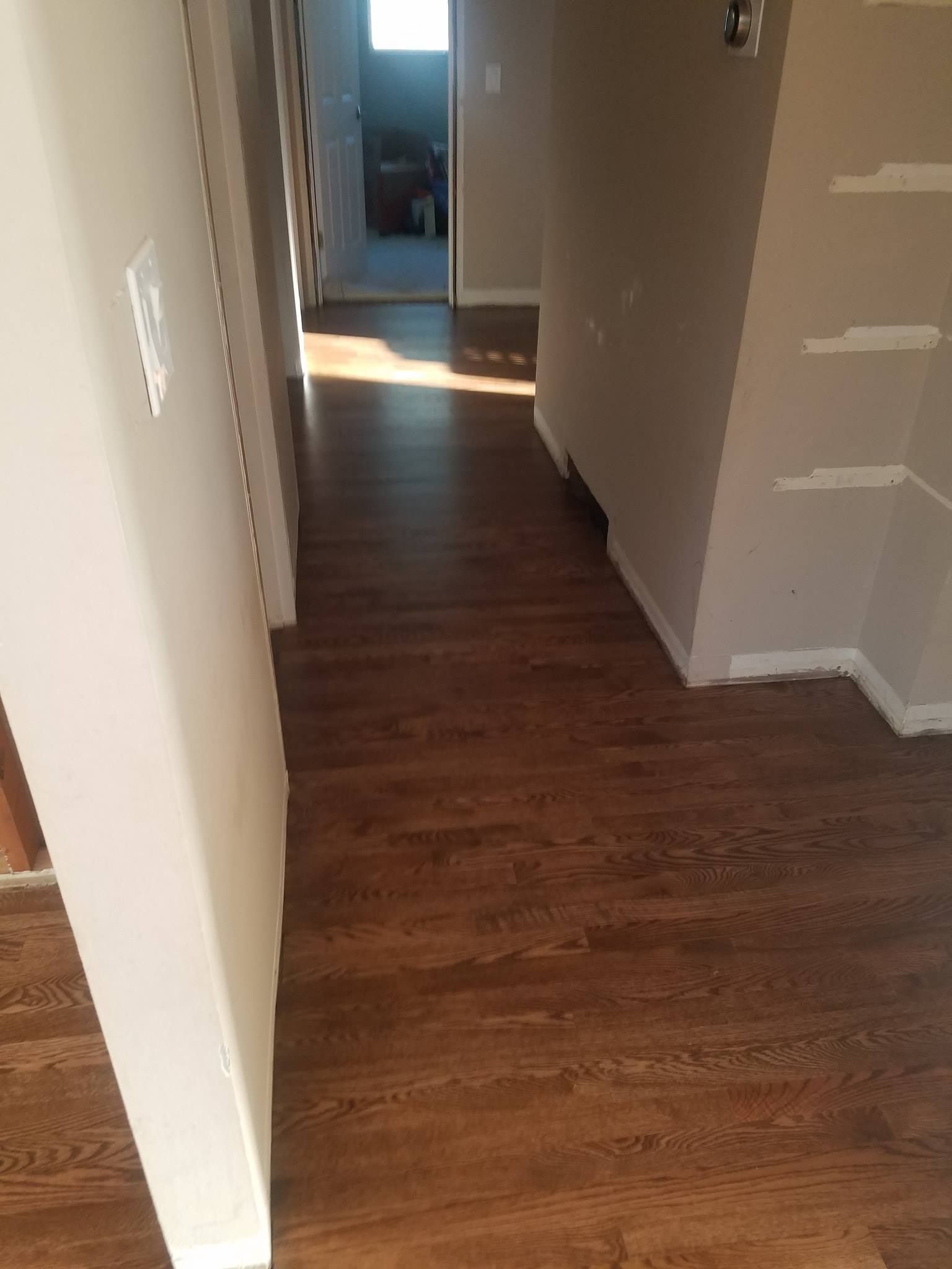 Dark wood-look flooring in hallway, leading to a room with sunlight. Cream-colored walls and door frames.