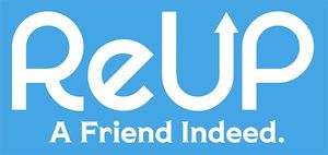 A blue and white logo for reup a friend indeed