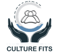 A logo for a company called culture fits with two hands holding a group of people.