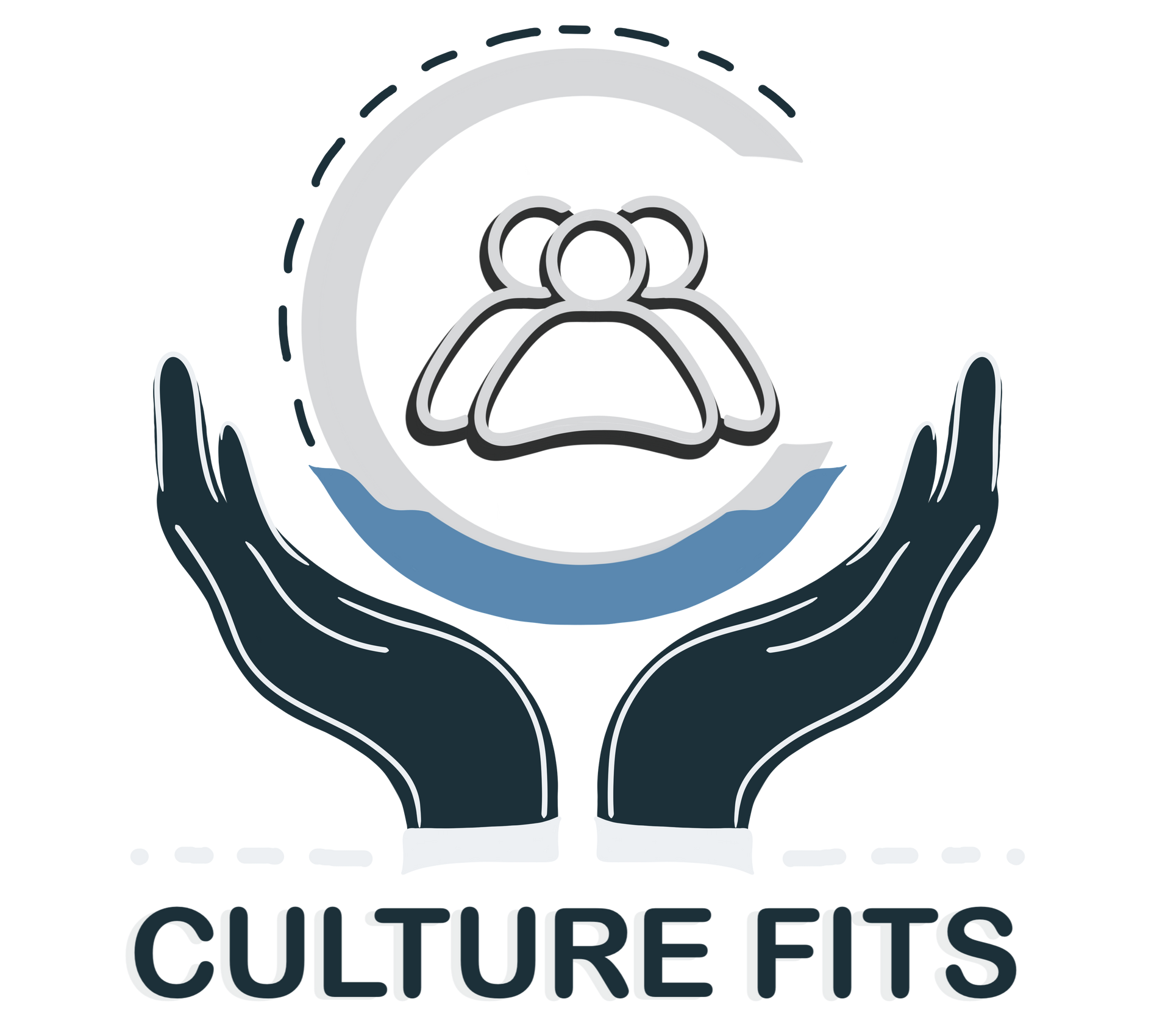 A logo for a company called culture fits with two hands holding a group of people.