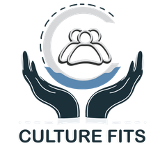 A logo for a company called culture fits with two hands holding a group of people.