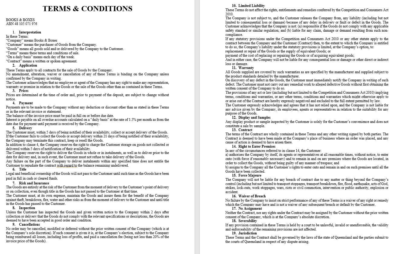 Terms And Conditions — Salisbury, QLD — Books & Boxes