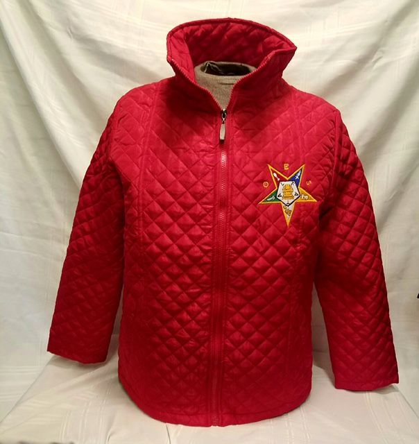 A red quilted jacket with a star embroidered on it