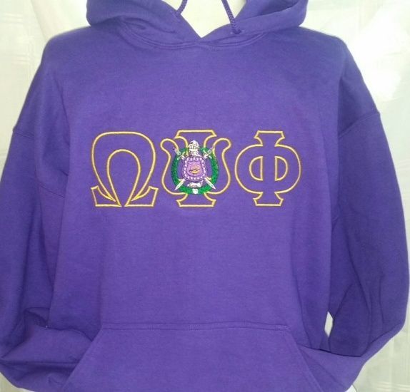 A purple hoodie with the word omega on it