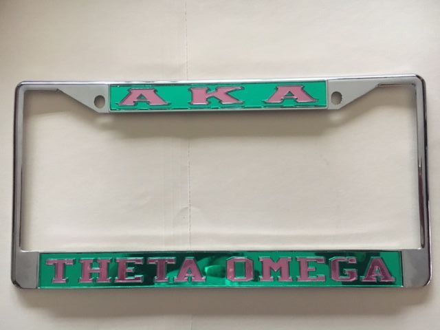 A license plate frame that says theta omega on it