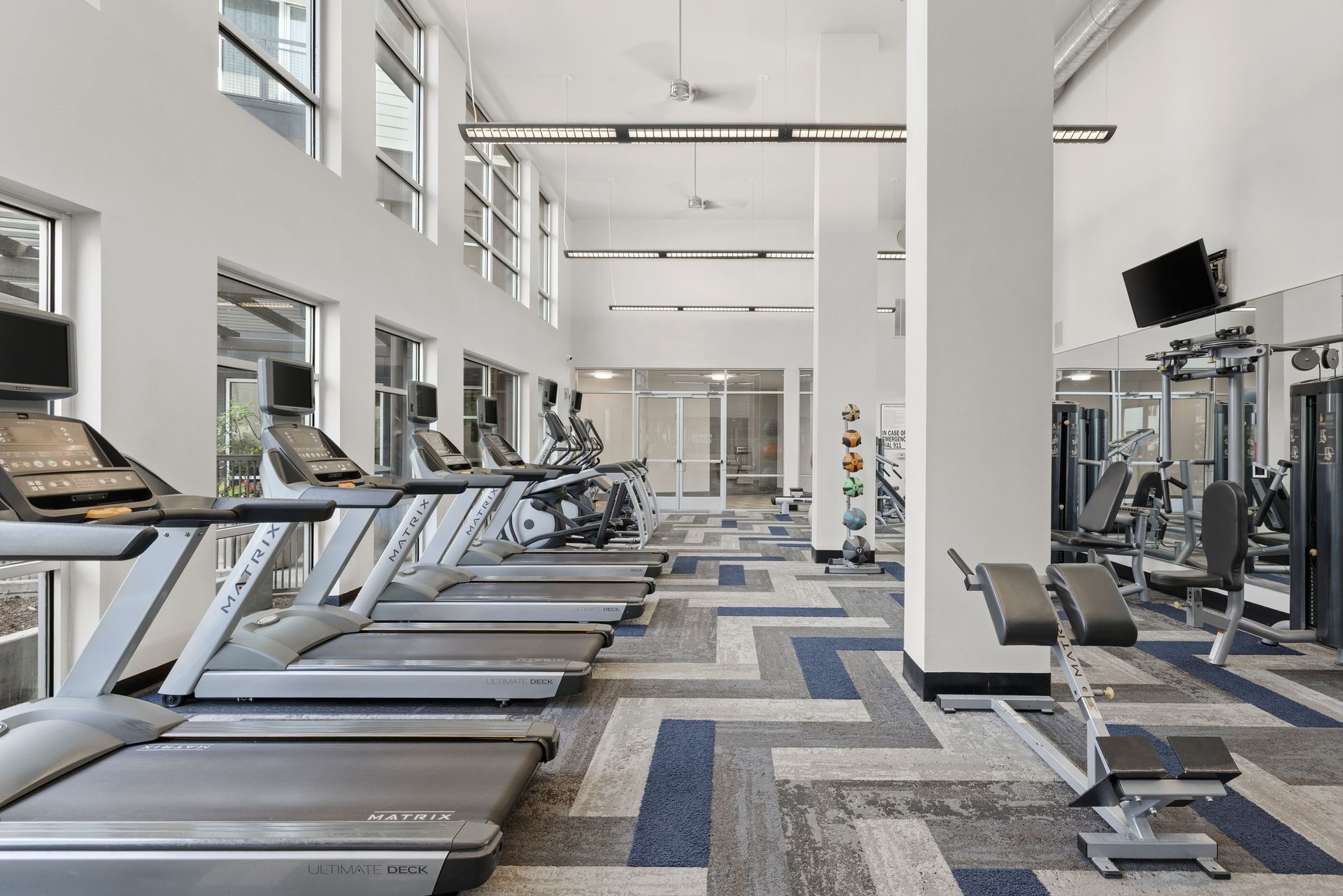 Bright modern gym with treadmills, weight machines, and large windows at Sabina in Austin, TX.