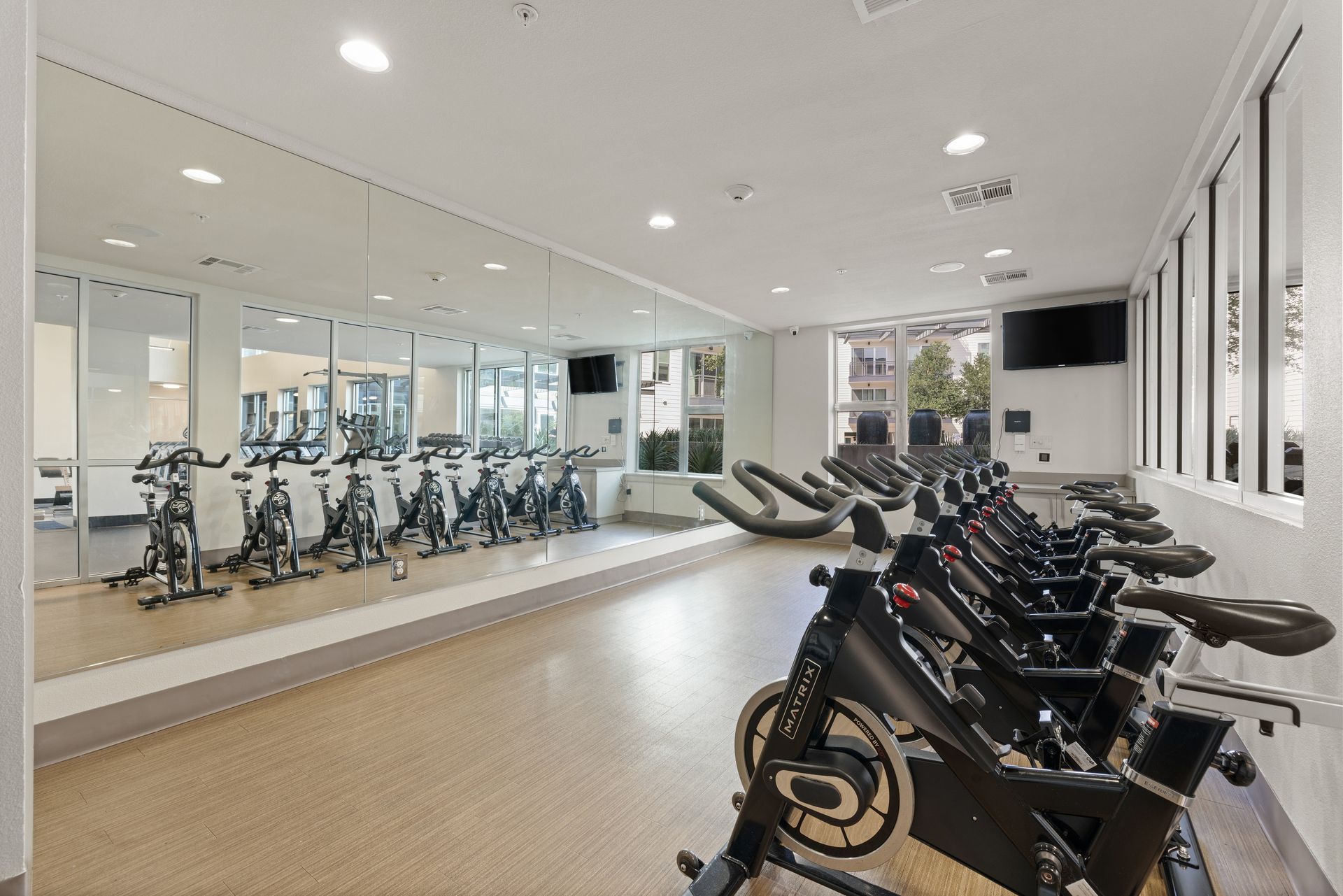 Modern gym with rowing machines, exercise bikes, mirrors, and bright white walls at Sabina in Austin, TX.