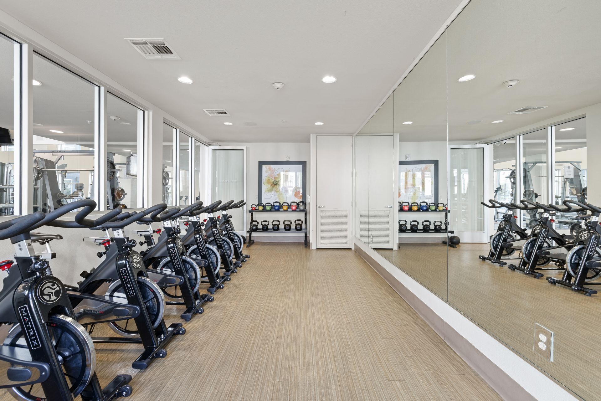 Indoor gym with rows of stationary bikes, mirrors, and large windows bringing in bright daylight at Sabina in Austin, TX.