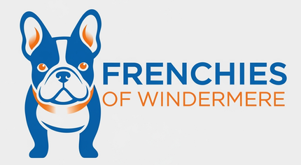 The logo for Frenchies of Windermere shows a French Bulldog wearing a collar.