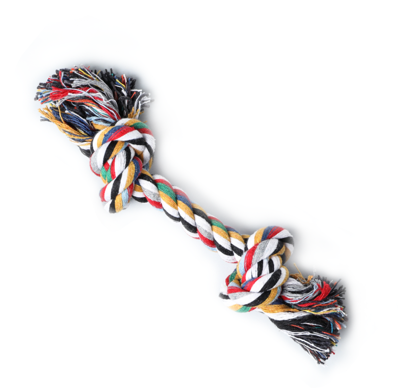 A colorful rope dog toy with two knots on a white background.