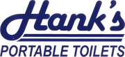 Hank's Portable Toilets logo: Blue cursive text "Hank's" over horizontal lines. Text "PORTABLE TOILETS" below.
