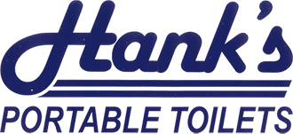 Hank's Portable Toilets logo: Blue cursive text "Hank's" over horizontal lines. Text "PORTABLE TOILETS" below.