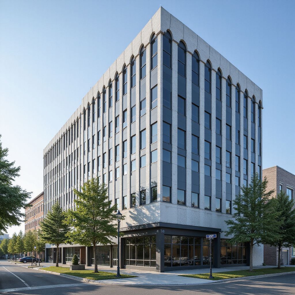 Six-story modern office building with many windows, gray facade, and trees along a street.