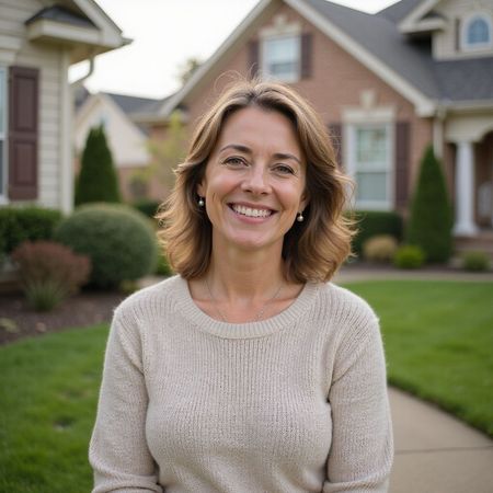 Woman smiling in front of houses, wearing a beige sweater.