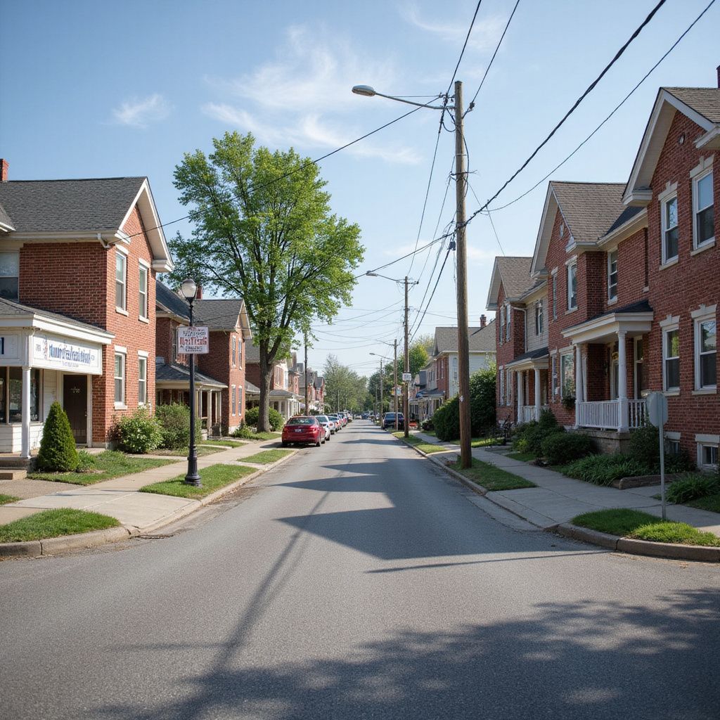 Street lined with brick houses on a sunny day, power lines overhead, a red car parked in the distance.
