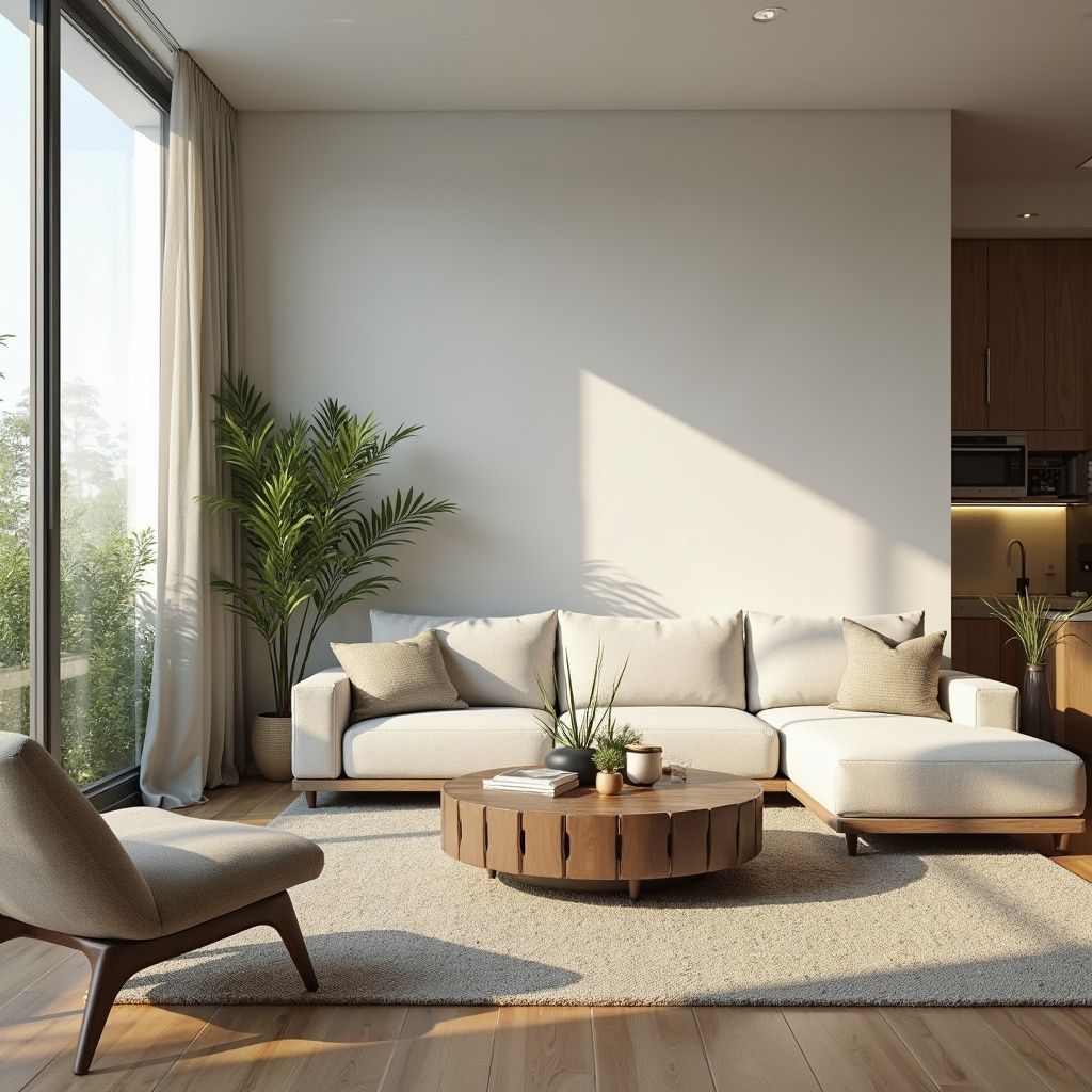 A modern living room with a beige sectional sofa, a round wooden coffee table, and a large window overlooking a lush green view.