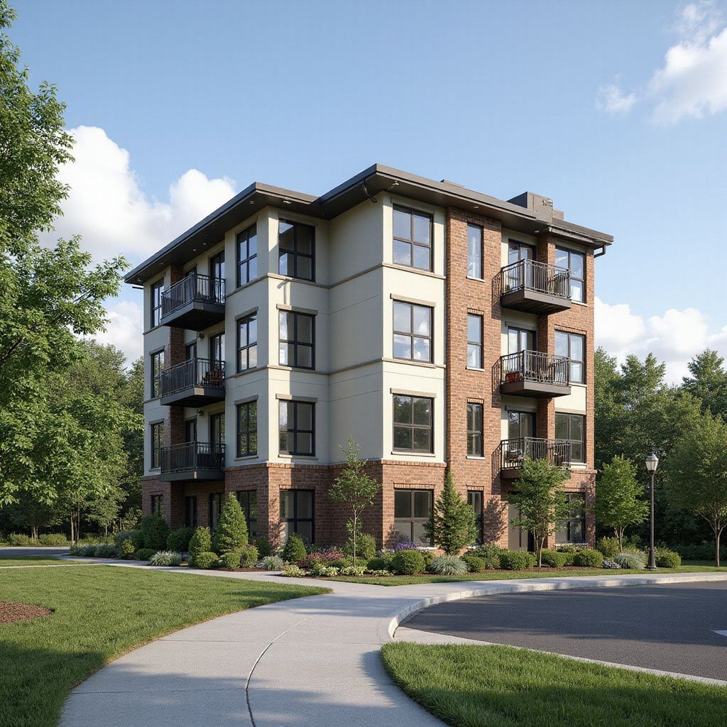 Multi-story apartment building with brick and beige facade; balconies; green trees.