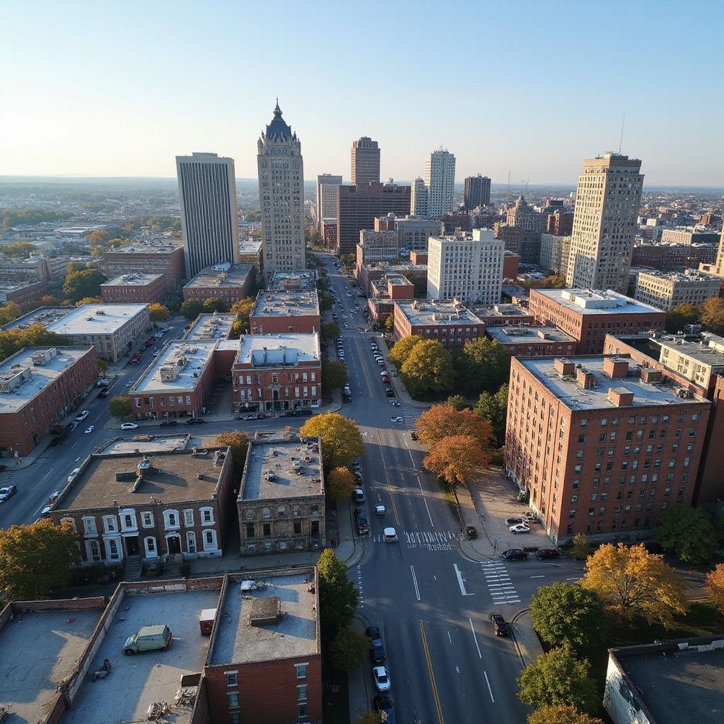 Aerial view of Rochester, NY, with skyscrapers and streets lined with buildings and autumn trees.