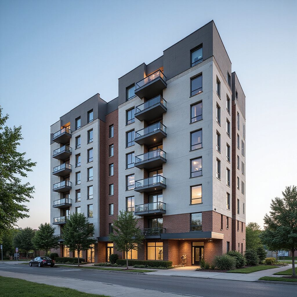 Modern multi-story apartment building with balconies, brick and white facade, trees, and a car.