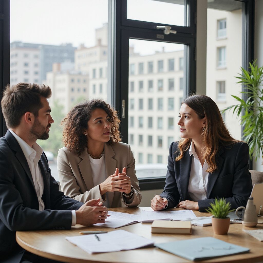 Three colleagues in a meeting, discussing paperwork at a table in a modern office.