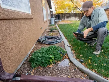Man kneeling on lawn near house, examining a tablet. Brown gutter, green grass, and garden bed visible.