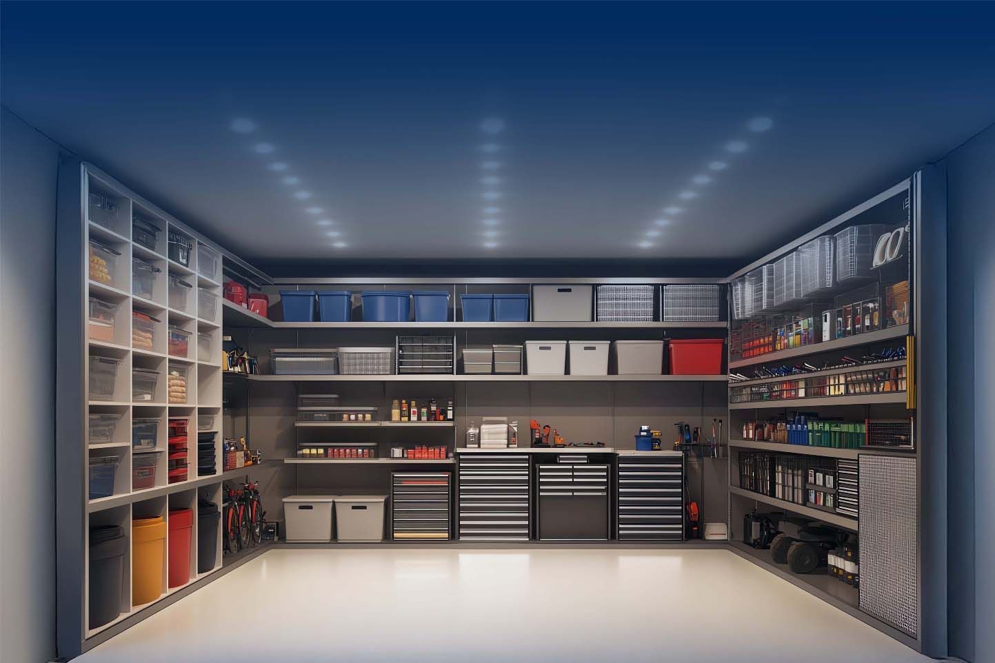 Garagewerx organized garage with epoxy floors and cabinets Plano TX