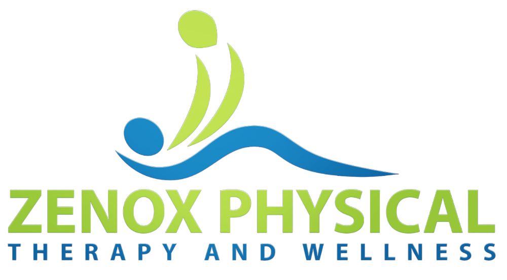 Logo for Zenox Physical Therapy & Wellness: stylized person in blue with green arcing lines above; green text below.